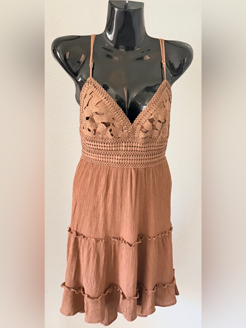 Papaya Brown Crochet Bust Tiered Mini Dress